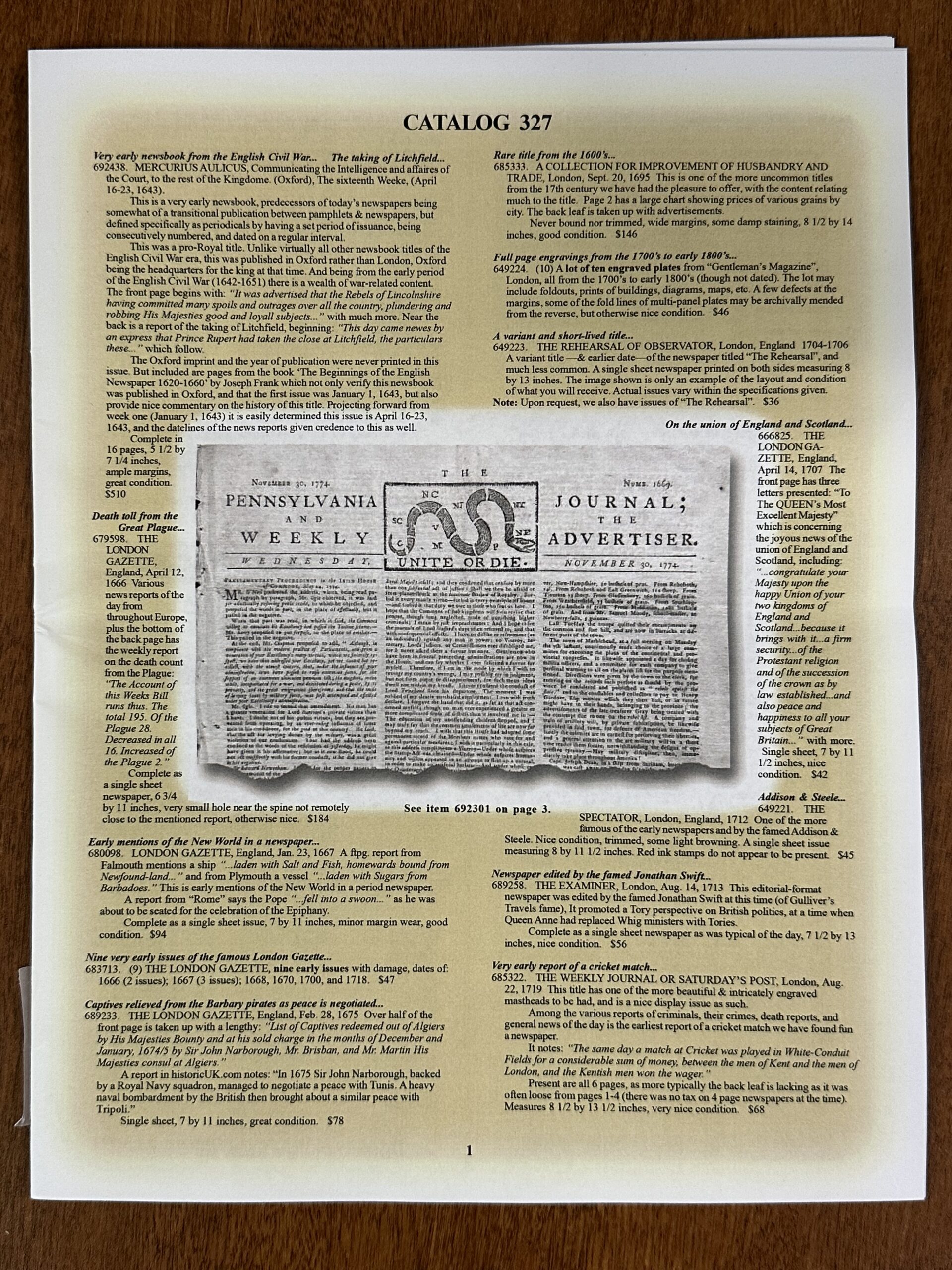 Announcing Catalog 327 for February, 2023 Rare & Early Newspapers